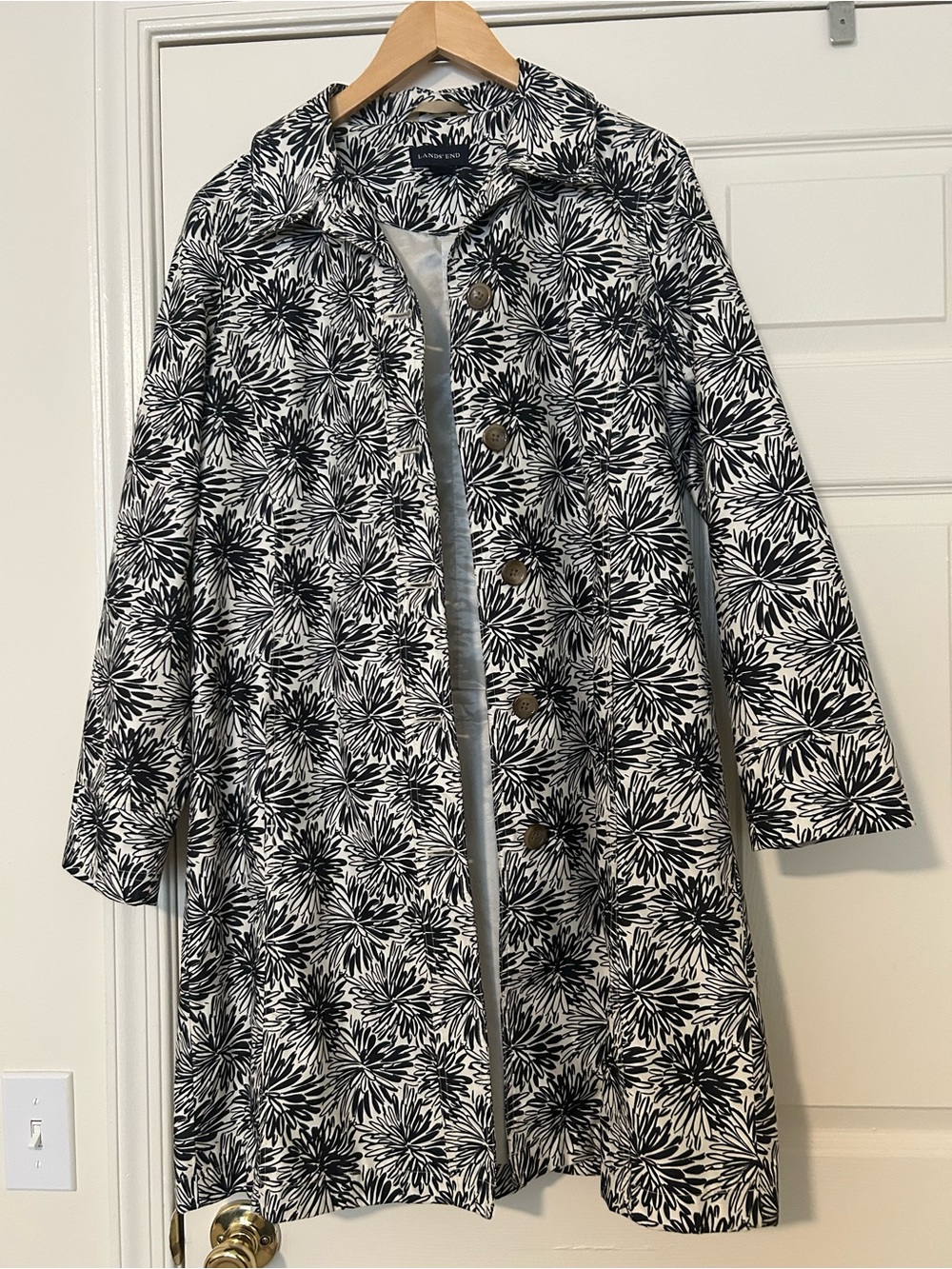 Lands' End Navy & White Floral Trench Coat